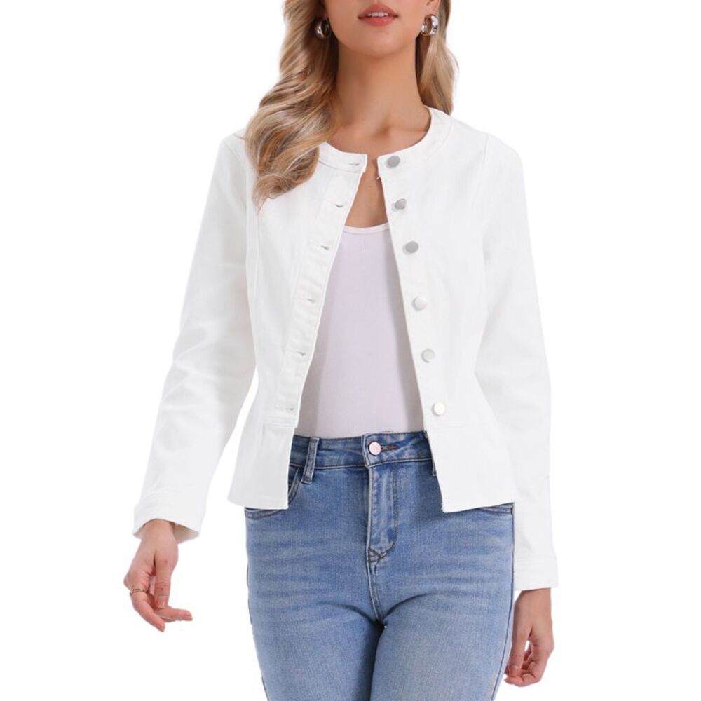 Women's Collarless Peplum Denim Jacket White